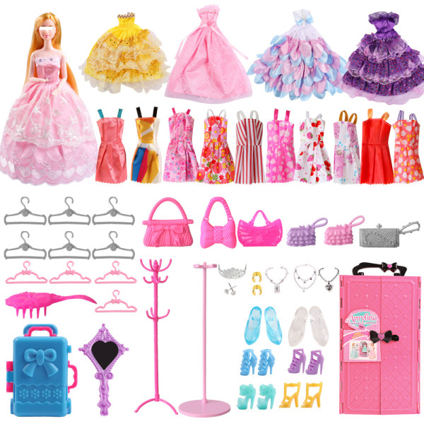 Barns Barbie Rosa Dress Up Garderob Bröllopsklänning Docka Lekhus Leksak Set respekteras rose red
