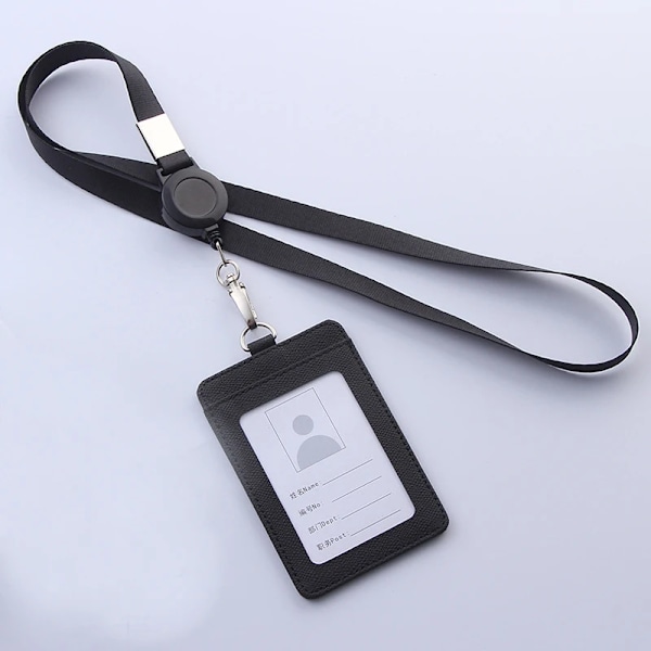 Uttrekkbare nøkkelbånd ID-merke Holder Lær Bank Busskort Etui Cover Menn Kvinner Bank Kredittkortholder Rem Kortholder black(.1483)