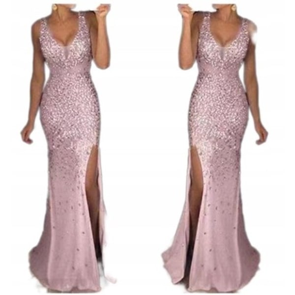 Elegant lang aftenkjole til kvinder med slids og guldtryk - Lang kjole Aftenkjole pink pink XL