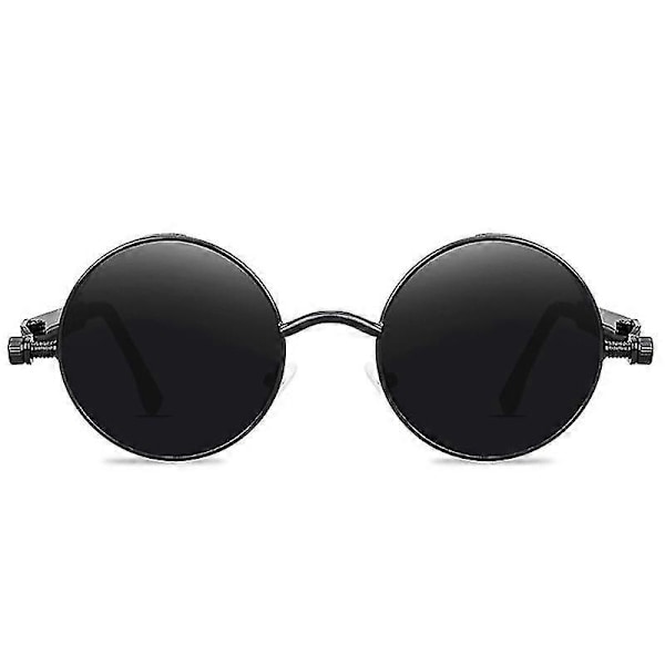 Vintage Polariserende Steampunk Runde Solbriller til Mænd, Stilfulde Db Black Frame Grey Lenses