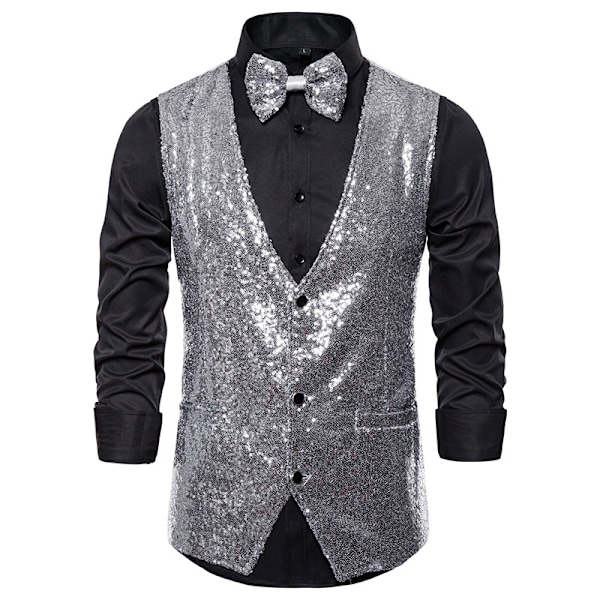 Herre Glitrende Pailletvest V-hals Regular Fit Festtøj Kostume Vest Butterfly 2 Dele sølv silver XL