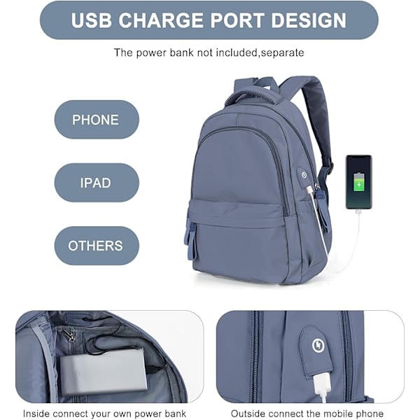 Kannettava reppu, vedenpitävä kannettava reppu 15 tuuman koululaukku USB-latauksella royal blue