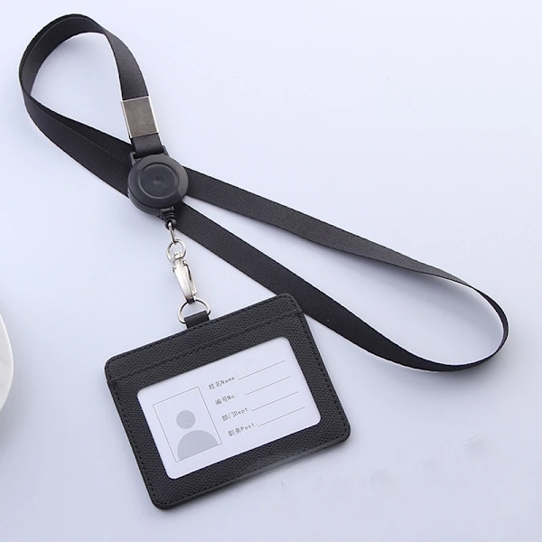 Uttrekkbare nøkkelbånd ID-merke Holder Lær Bank Busskort Etui Cover Menn Kvinner Bank Kredittkortholder Rem Kortholder black(.1484)