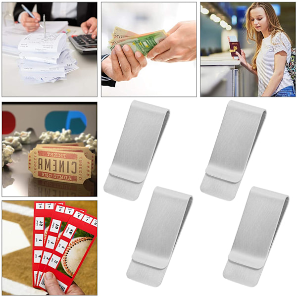 Sedelklämma, 4 stycken rostfritt stål sedelklämmor, silversedelklämma, pengaklipp för män och kvinnor för sedlar, edelklämma pengaklipp
