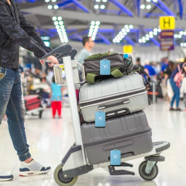 2 kpl matkatavaralappuja, joissa on nimikortti ja ruostumattomasta teräksestä valmistettu silmukka, nahkaiset matkatavaramerkit Kestävät matkalaukkumerkit -2 sinistä suunnitelmaa