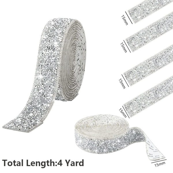 4 rullar Silverharts Rhinestone Band Självhäftande Kristallband Roll Glitter Harts Diamantbälte Bling Sparkling Diamond, 10mm