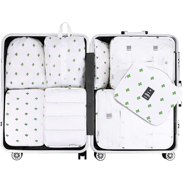 8-pack Packningskuber, Klädväskor, Resväskaorganisatör för semester och resor, Packningskubeset Resekuber - Vit kaktus White2
