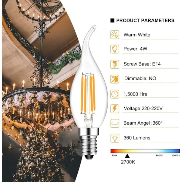 10-pak 4W E14 LED Filament Kertepære 2700K Varm Hvid, 360° Lysvinkel, Ikke-Dæmpbar [Energiklasse F]