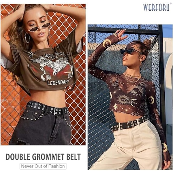 Dobbelt hul bælte PU læder punk bælte kvinder mænd jeans 2 huller