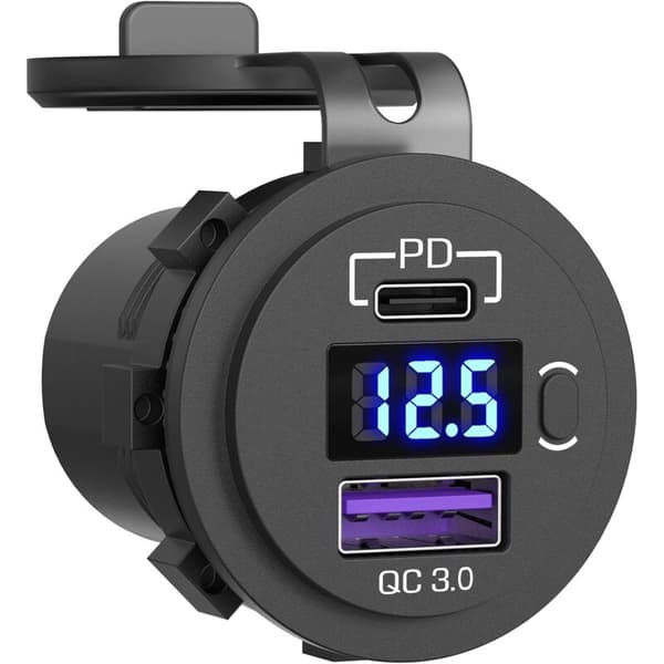 Billaddaruttag, Biluttag, med LED-voltmeter och Strömbrytare Snabb Billaddare för Bil, Båt, Lastbil