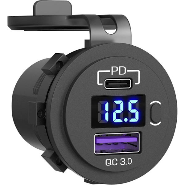 Billaderudtag, Biludtag, med LED-voltmeter og Strømafbryder Hurtig Billader til Bil, Båd, Lastbil