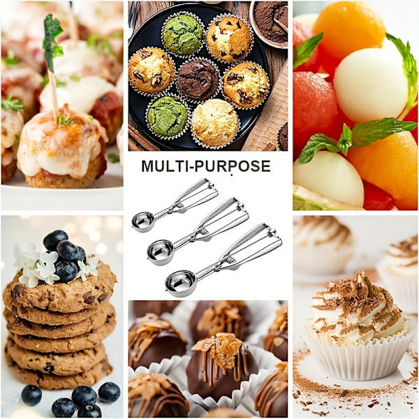 Iskremsskje og deigspade i rustfritt stål for baking av kjeks og cupcakes S+M+L