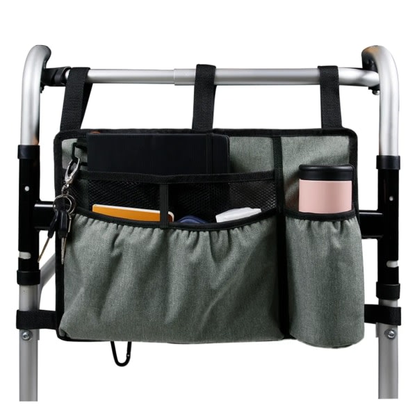 Walker Bag Walker Opbevaringstaske Tillbehörsväska med mugghållare Tillbehörskorg med opbevaringskapacitet ger håndfri forvaring til rullstolsrullatorer