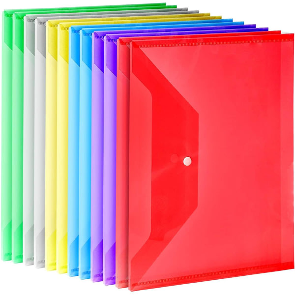 12-pak plastikkonvolutter, gennemsigtige A4-poser til dokumentorganisering (6 forskellige farver)