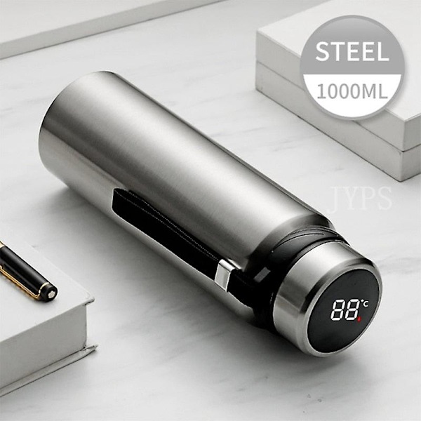 1000ml Smart Termosflaska Håller Kyla och Värme Flasktemperaturvisning Intelligent Termos för Vatten Te Kaffe Vakuumflaska 1000ml silver