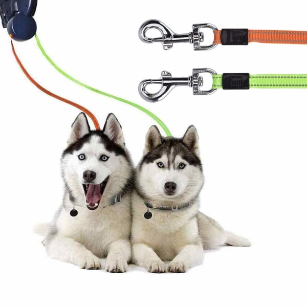 Dobbel uttrekkbar hundebånd, 3M fleksibel uttrekkbar hundebånd Dobbel bånd lys og søppelbøtte for to hunder