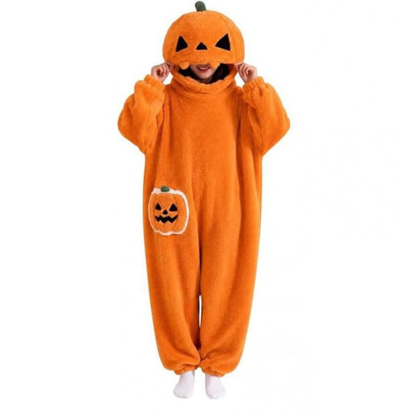 Halloween Græskar Hætte Onesie Pyjamas Sæt, Plys Græskar Pyjamas, Stor Størrelse Smiley Pumpkin - Orange XL