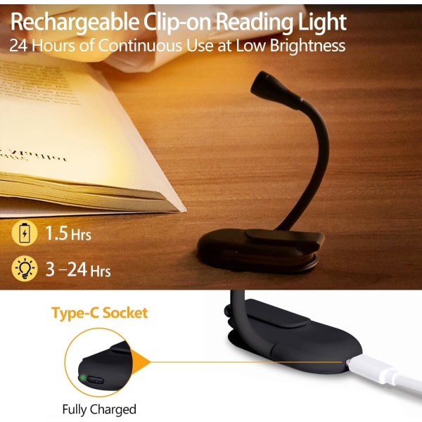 Boglampe, genopladelig clips på læselampe, justerbar lysstyrke