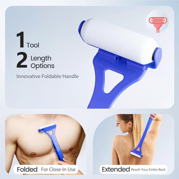Back Cream Applicator with Long Handle, 4 Reusable Foam Rollers and Foldable Design for Easy Self-Application, Blue Blue