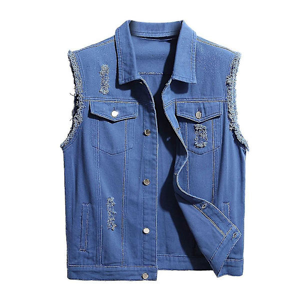 Herr Casual Ripped Denim Väst Klassisk Trucker Button Down Ärmlös Jean Väst -HG Mörkblå Dark blue XL