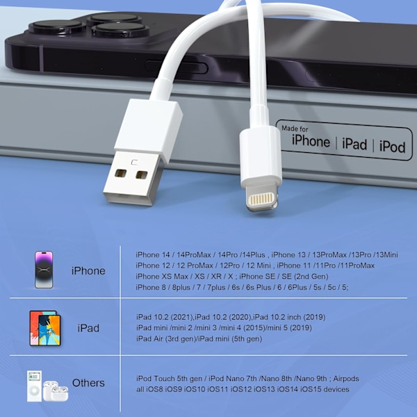 iPhone Oplader 5-pak 6/6/6/10/10 FT Lang Lightning Kabel Hurtig Opladning