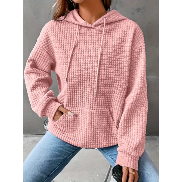 Waffle Grid Kænguru Lomme Hoodie - Cozy Langærmet Trøje med Snøre for Kvinder