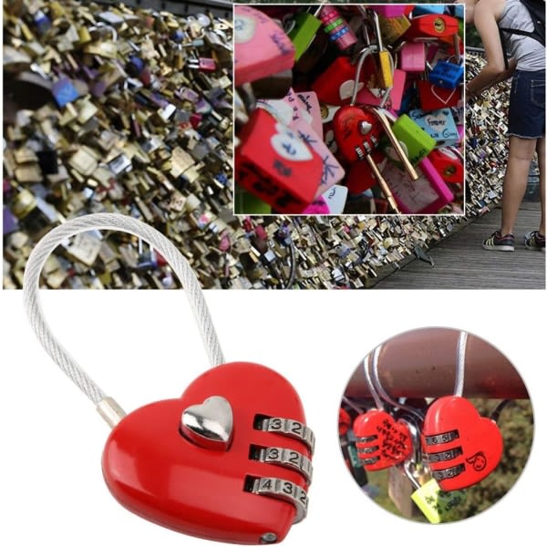 Kombinationshængelås, hjerteform 3-cifret kodekombinationsbagage, taskelås, adgangskodesikkerhedspar hængelås til skoleskab/arkivskab (rød)