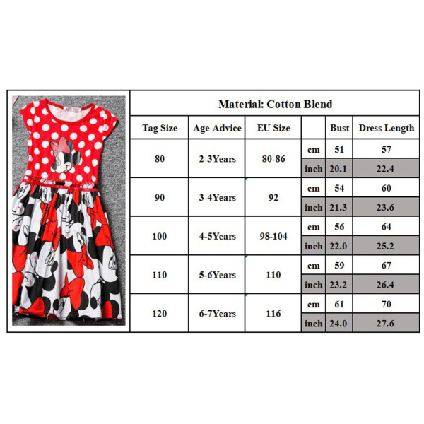 Disney Girls Minnie Mouse Dots Dress Prinsesse tegnefilmsnederdel A A 80