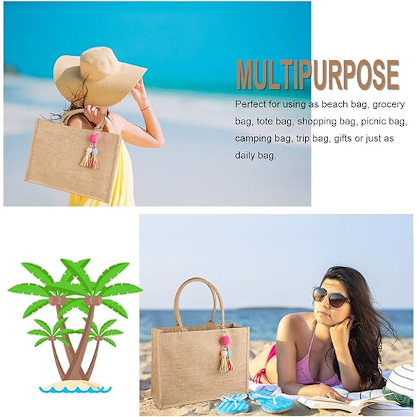 Jutepose, Shopper, Dame, Stor Jutepose, Strandtaske, Sammenfoldelig, Vandtæt, Indkøbsposer, Håndtaske til Picnic, Rejser, Shopping, Strand og Hverdag