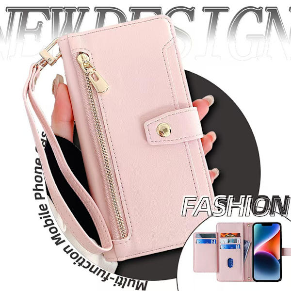 Mobilplånbok för iPhone 16-serien, bärbar plånbok som rymmer både mobiltelefon och kort, påverkar inte kortets magnetism rosa pink iphone16