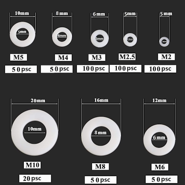 520 kpl Nylon-tiivisteitä Muoviset tiivisteet M2 M2.5 M3 M4 M5 M6 M8 M10
