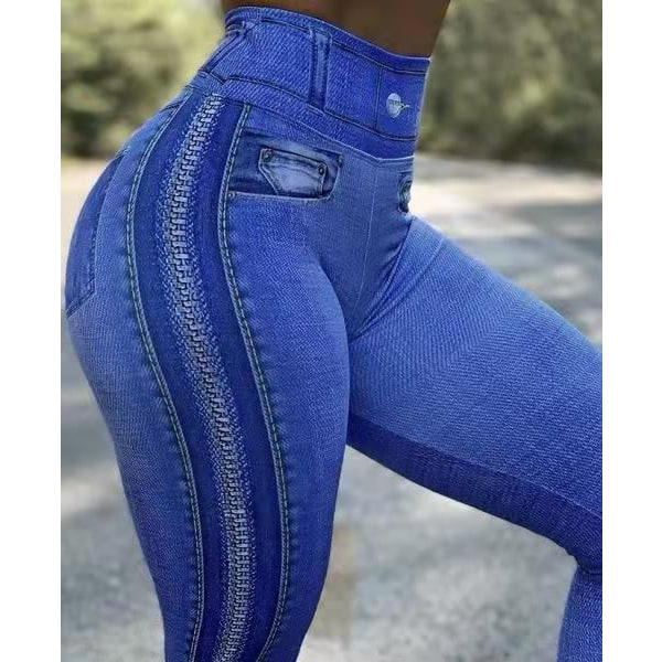 High Waist Butt Lifting Faux Denim Print Sports Leggings för kvinnor - Activewear