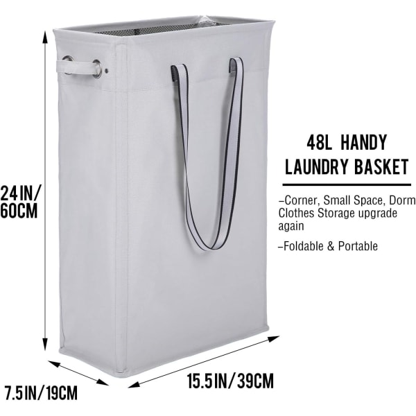 Tygkorg, 60 cm praktisk hängande tvättkorg, hög och smal, vattentät tvättpåse med ventilerande mesh, cover, grå