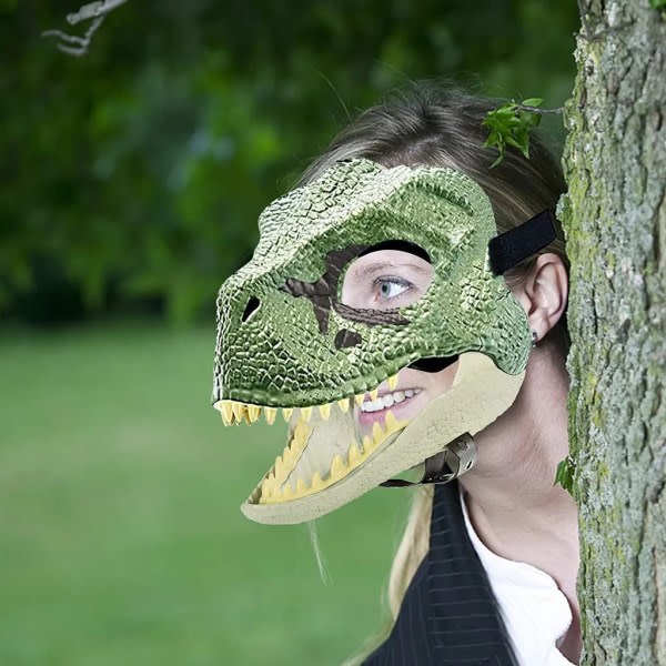 Dinosaur maske med åben kæbe, realistiske teksturer og farver inspireret af filmen, øjen- og næseåbninger