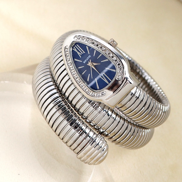 BIFANXI slangeformet klokke, dameklokke, kreativ kvartsklokke silver, blue dial