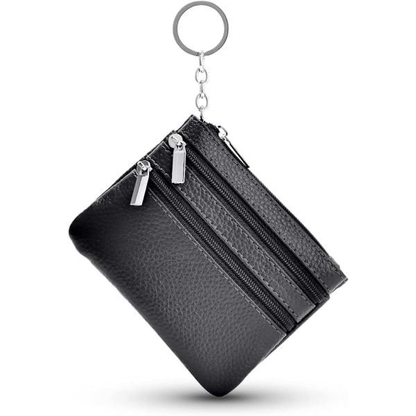 Kvinnor Myntväskor i äkta läder Mini-väska Change-plånbok med nyckelring och dragkedja Mini Cash-plånbok, svart