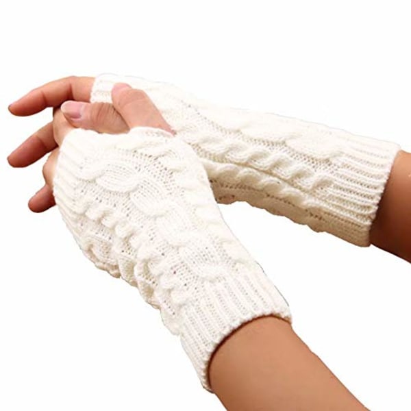 1 par fingerlösa handskar varma armhandskar Vinterstickade virkade handskar present för kvinnor och flicka-vit