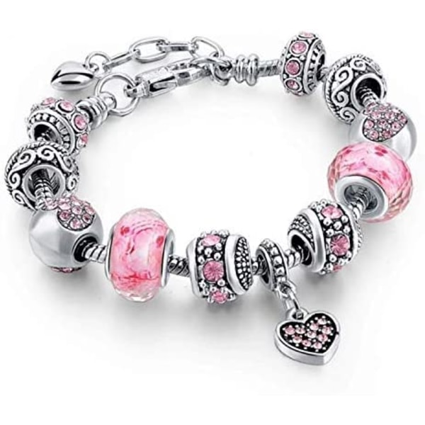 Pink Hearts Silver Plated Charm Bracelet Set, Jewelry Gifts with Beads, Charms, and Adjustable Snake Chain, Fits 7.5"+1.5"