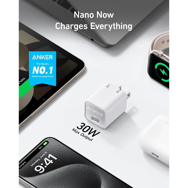 Lader, USB C GaN Lader 30W, PIQ 3.0 Foldbar PPS Rask Lader for iPhone 16 / 15 og flere serier, Galaxy, iPad, Kompatibel med MagSafe (hvit) white