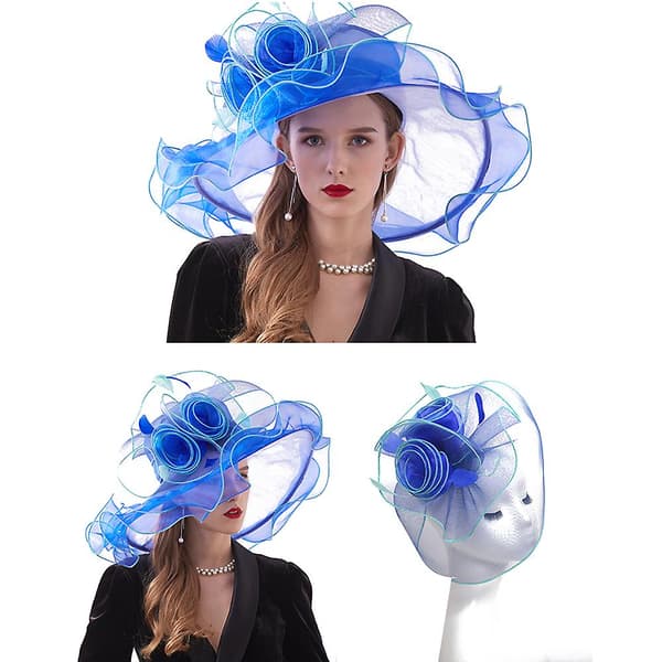 Dame Kentucky Derby-hatt med organzablomst til kirkebryllup Style A blue