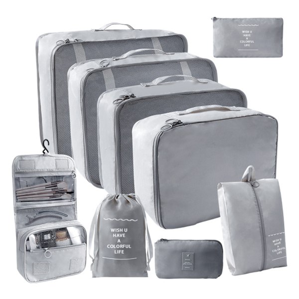 9 stk/11 stk Reiseoppbevaringssett i ensfarget stoff Bærbar koffert Klærpakkepose for reise Grey 9 pcs