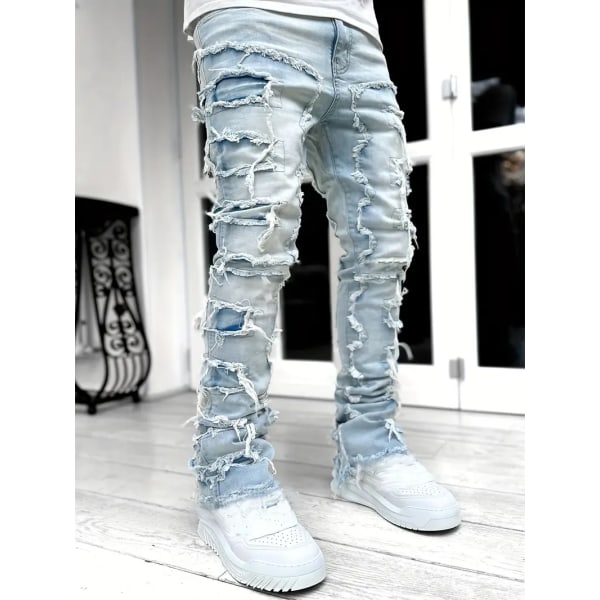 Kreativa tofsar Dekoration Straight Fit Jeans, Herr Casual Medium Stretch jeansbyxor i gatustil