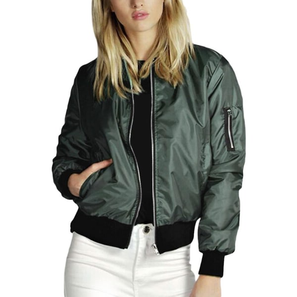 Yynuda Dame Klassisk Ensfarget Biker Glidelås Crop Bomber Jakke Frakk Grønn 2XL