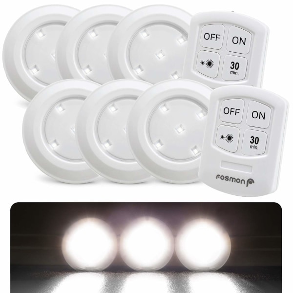 Trådlös LED-puck-lampa med fjärrkontroll, 5 dagsljus, vit LED, 30-minuters timer, skafferi, bänk, 6-pack