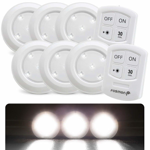 Trådlös LED-pucklampa med fjärrkontroll, 5 dagsljus, vit LED, 30-minuters timer, skafferi, bänk, 6-pack