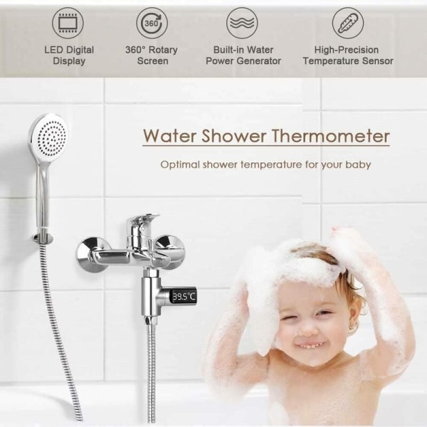 LED dusjtermometer, 5-85°C digitalt termometer, med 360° roterende termometer, LED vannmåler, dusjvanntermometer for eldre barn