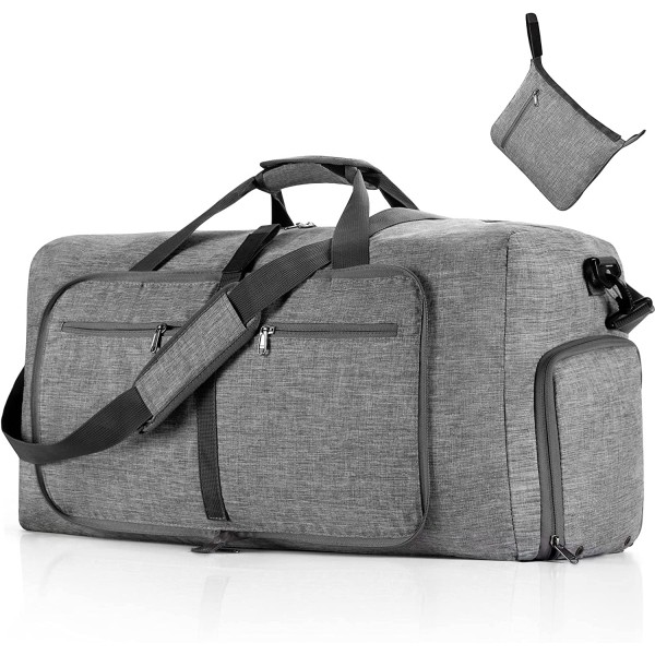Travel Duffel Bag for menn, 65L sammenleggbar reise Duffel Bag med skorom Overnattingsveske for menn kvinner Vanntett og rivebestandig (grå)