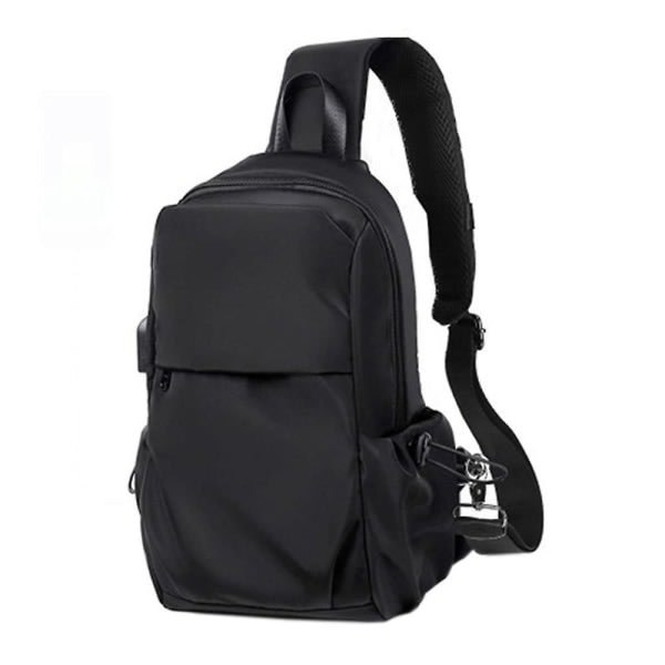 Liten svart Sling Crossbody-ryggsäck, nylon för vandring, cykling och resor med USB laddningsport