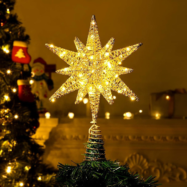 60 LED-lys Metallisk Stjerne Topp for Juletre Batteridrevet Moravisk Stjerne 3D Stjerne Tre Topp Julepynt med 6H Timer, 13.78 tommer/