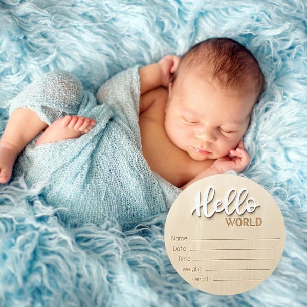 Nyfödd Ankomstskylt, 15 cm Trä Hello World Skyltar Baby Välkomstskylt, Hello World Barnrumsinredning Skylt för Baby, Nyfödda Pojkar och Flickor Gåva